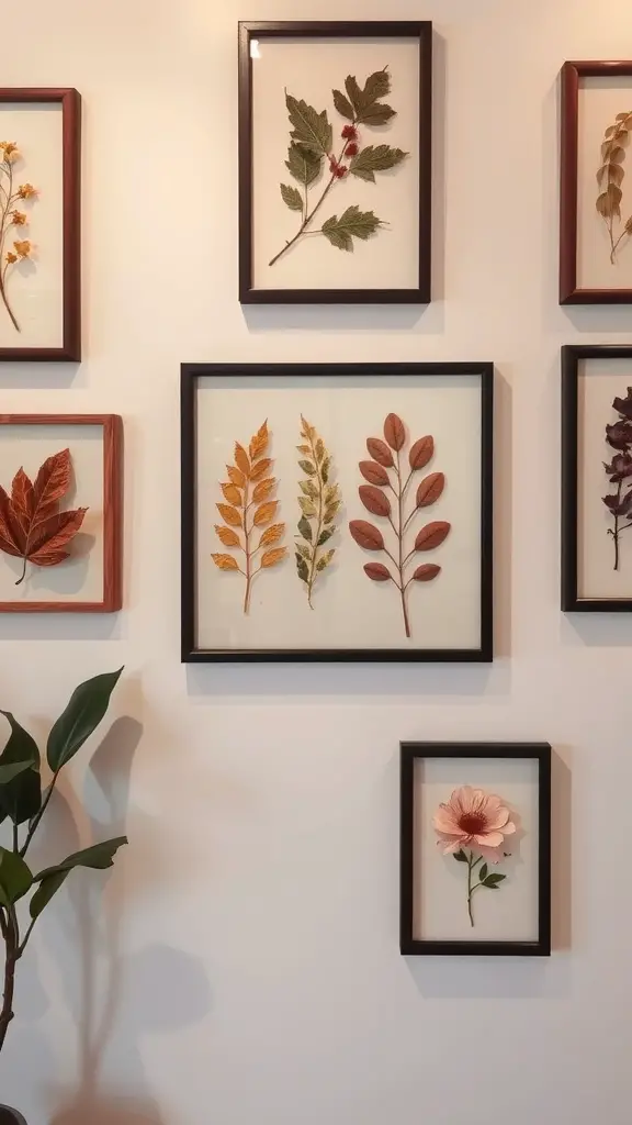 A wall featuring various framed pressed leaves and flowers, displaying autumn colors.