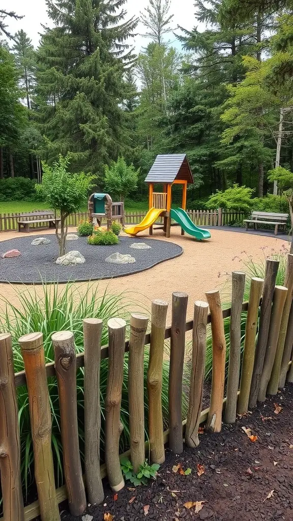 23 Creative Playground Landscaping Ideas for Endless Fun 2 A playground with a natural wooden fence, featuring a slide and surrounded by greenery.