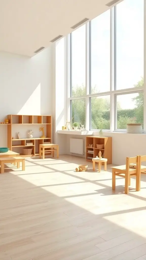 21 Inspiring Montessori Room Ideas for Creative Spaces 8 Bright and airy Montessori classroom with large windows and minimal furniture