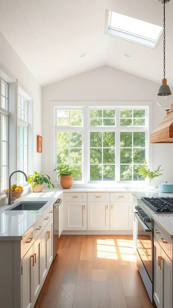 A bright farmhouse kitchen with large windows and a skylight, showcasing natural light streaming in.