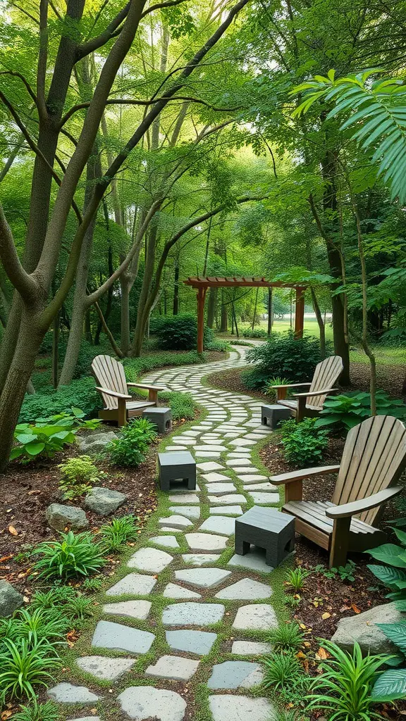 15 Inspiring Forest Garden Ideas for Your Outdoor Space 14 A winding stone path through a green forest garden with seating areas.