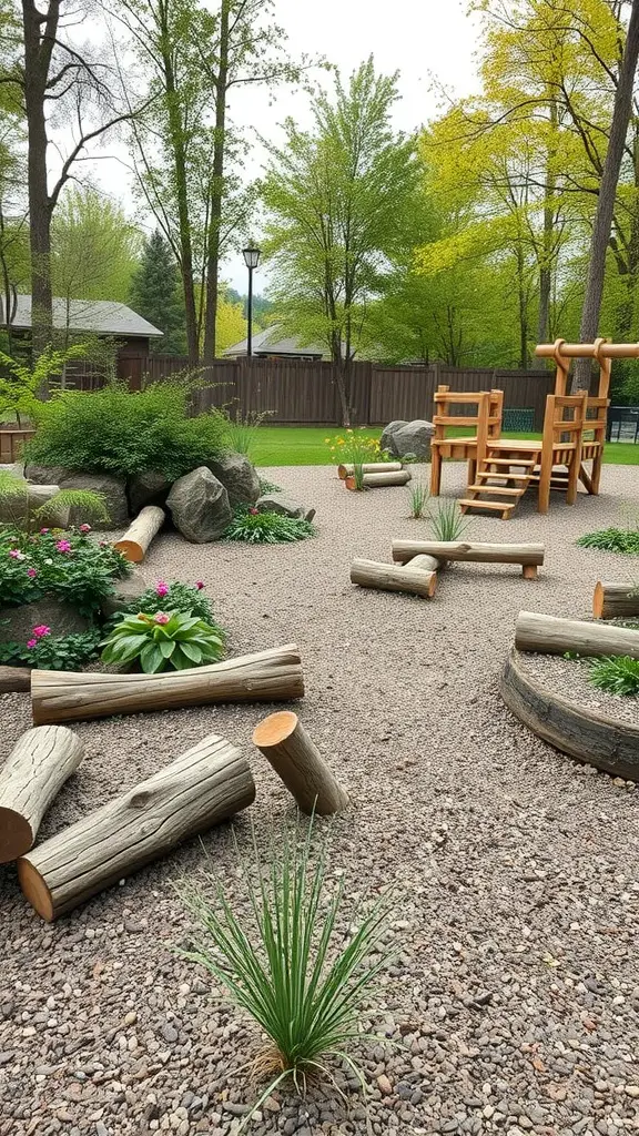23 Creative Playground Landscaping Ideas for Endless Fun 4 A natural playground with logs, rocks, and plants designed for children's play.