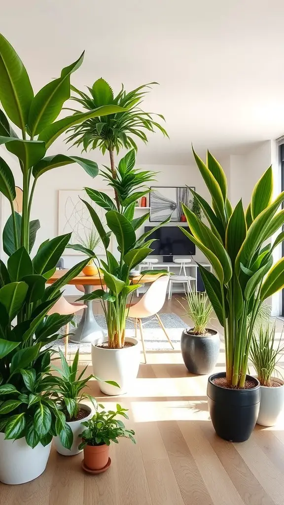A bright room featuring tall plants as natural dividers, creating a cozy atmosphere.