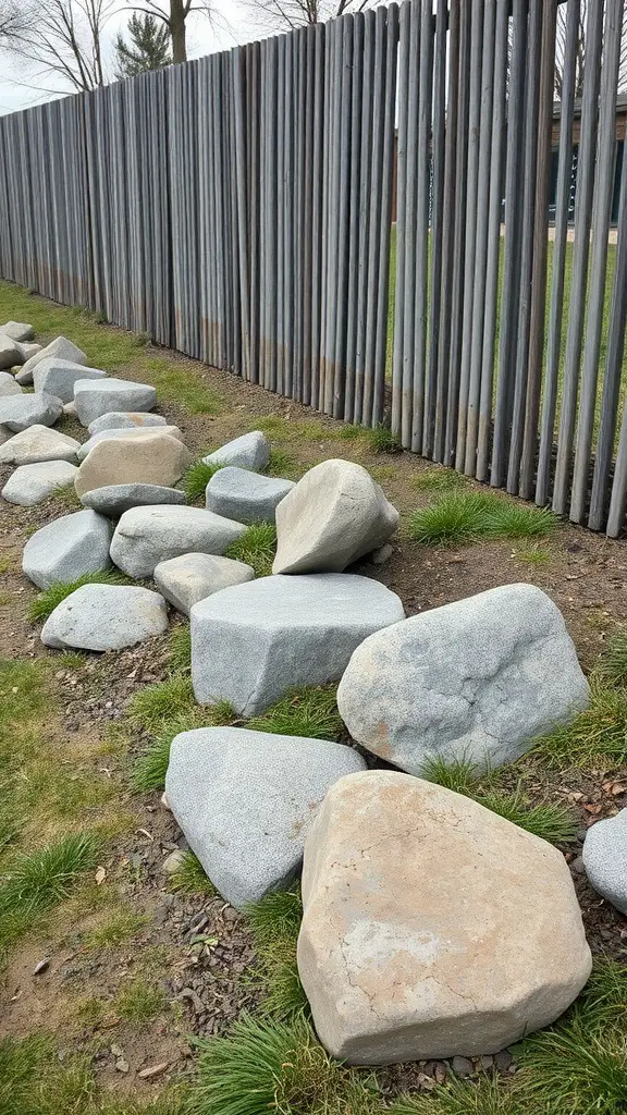17 Creative Landscaping Ideas for Your Fence Area 5 A row of natural stones alongside a wooden fence, with grass patches in between.