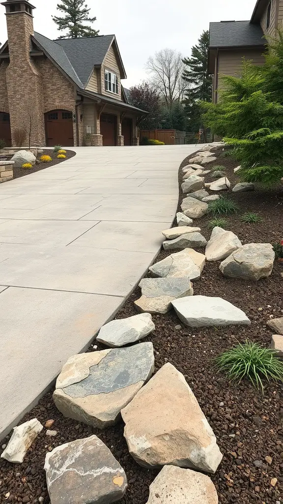 21 Stunning Long Driveway Landscaping Ideas You’ll Love 6 A long driveway bordered by natural stones and greenery.