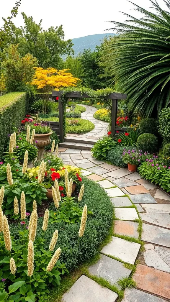 13 Creative Terrace Garden Ideas for Your Home 11 A picturesque terrace garden featuring a winding stone pathway surrounded by colorful flowers and lush greenery.