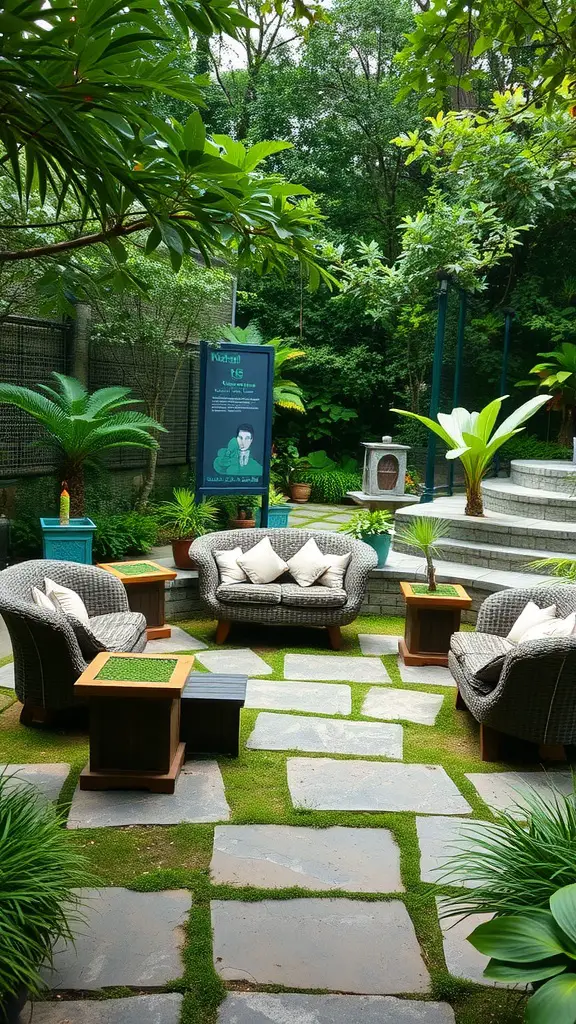 A garden seating area with wicker chairs, small tables, and a stone pathway surrounded by greenery.
