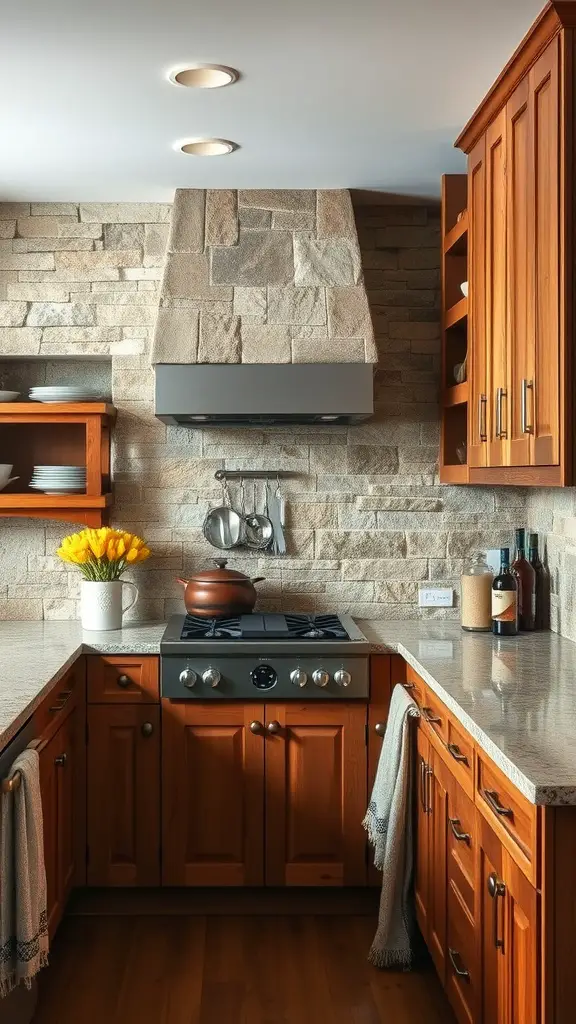 21 Stunning Backsplash Ideas for Your Dream Kitchen 10 A kitchen featuring a natural stone backsplash, wooden cabinets, and soft lighting.
