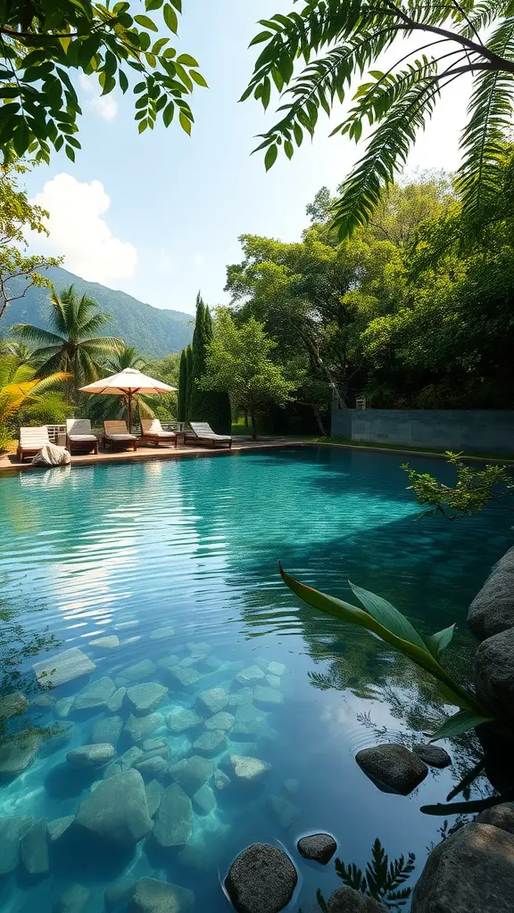 17 Creative Garden Pond Ideas to Enhance Your Outdoor Space 17 A natural swimming pond surrounded by greenery and lounging chairs.