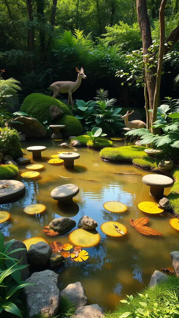 15 Inspiring Forest Garden Ideas for Your Outdoor Space 4 A serene pond in a forest garden, surrounded by lush greenery and decorative elements, including stones and deer figures.