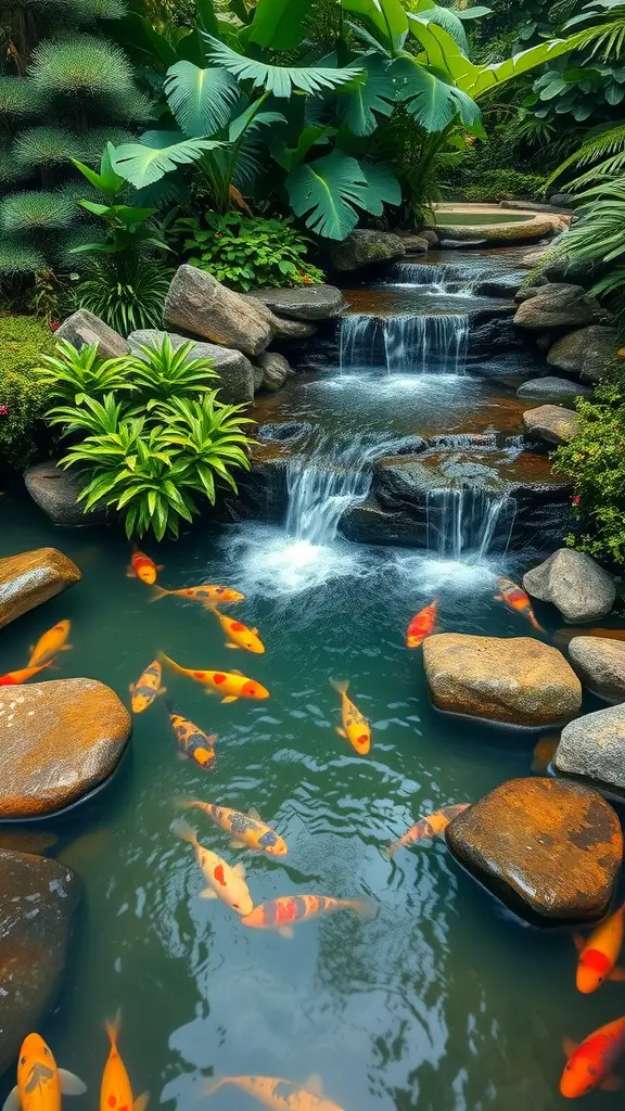 19 Stunning Koi Pond Ideas for Your Backyard Oasis 4 Beautiful waterfall feature in a koi pond surrounded by lush plants and colorful koi fish.