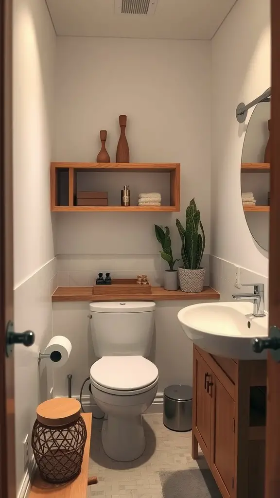 A rustic small bathroom featuring natural wood accents, including shelves, a vanity, and decorative pieces, with plants for added warmth.