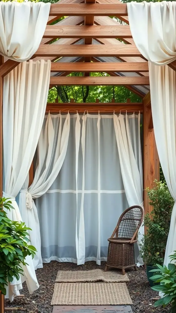 19 Creative Garden Arbor Ideas You’ll Love 12 Natural wood arbor with white curtains and a wicker chair