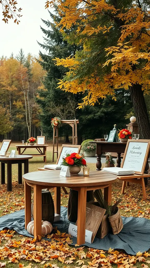 A picturesque outdoor wedding setup featuring natural wood tables with autumn decorations.