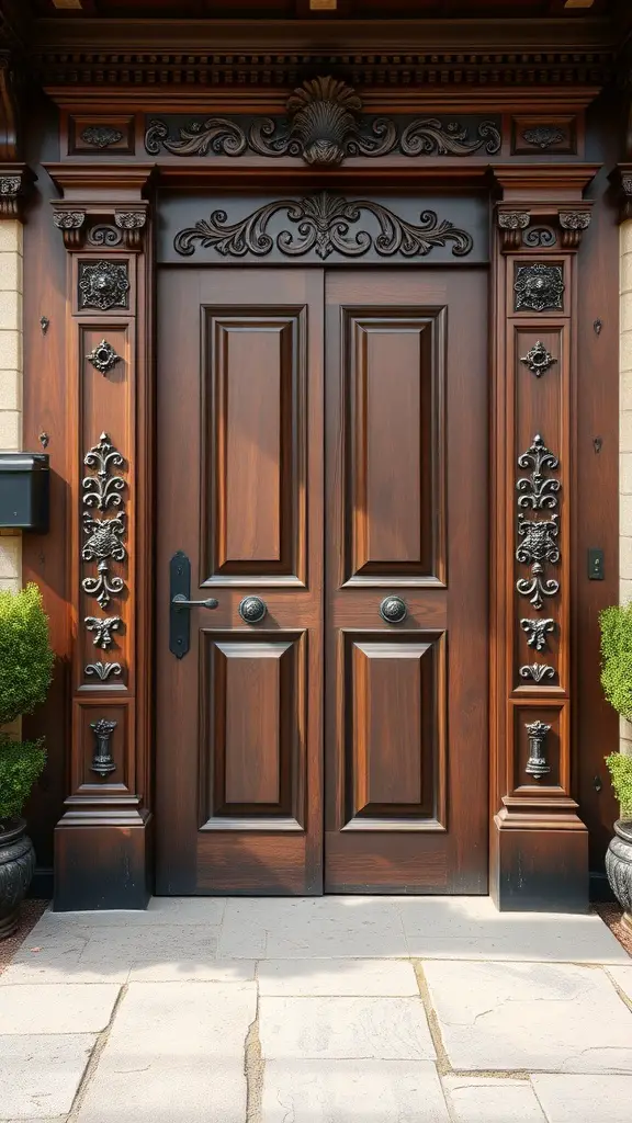 Elegant natural wood finish door with intricate details and surrounding greenery.