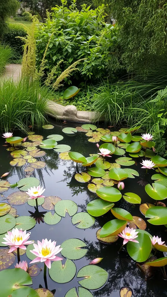 17 Creative Garden Pond Ideas to Enhance Your Outdoor Space 9 A serene garden pond filled with pink water lilies and surrounded by lush greenery.