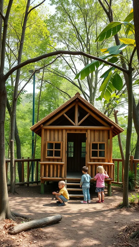 25 Adorable DIY Kids Playhouse Ideas for Endless Fun 16 A charming bamboo hut surrounded by trees, with children playing near it.