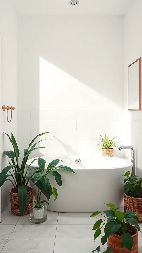 A bright bathroom featuring a white bathtub surrounded by various indoor plants in pots.