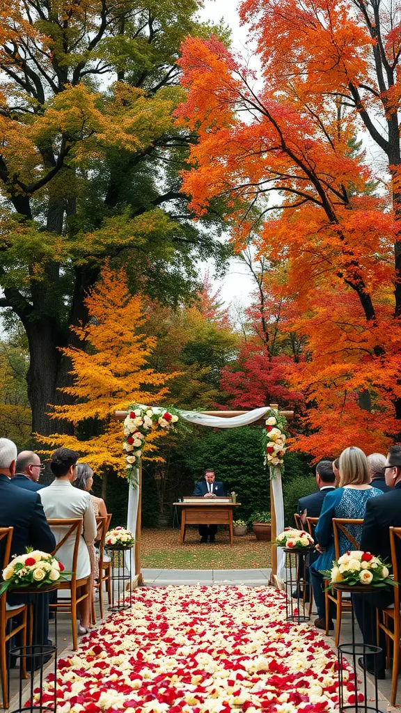 An outdoor wedding ceremony setup with colorful fall trees, a petal-lined aisle, and floral arrangements.