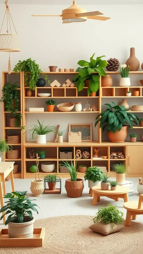 21 Inspiring Montessori Room Ideas for Creative Spaces 9 A nature-inspired Montessori room with plants, natural materials, and wooden furniture.