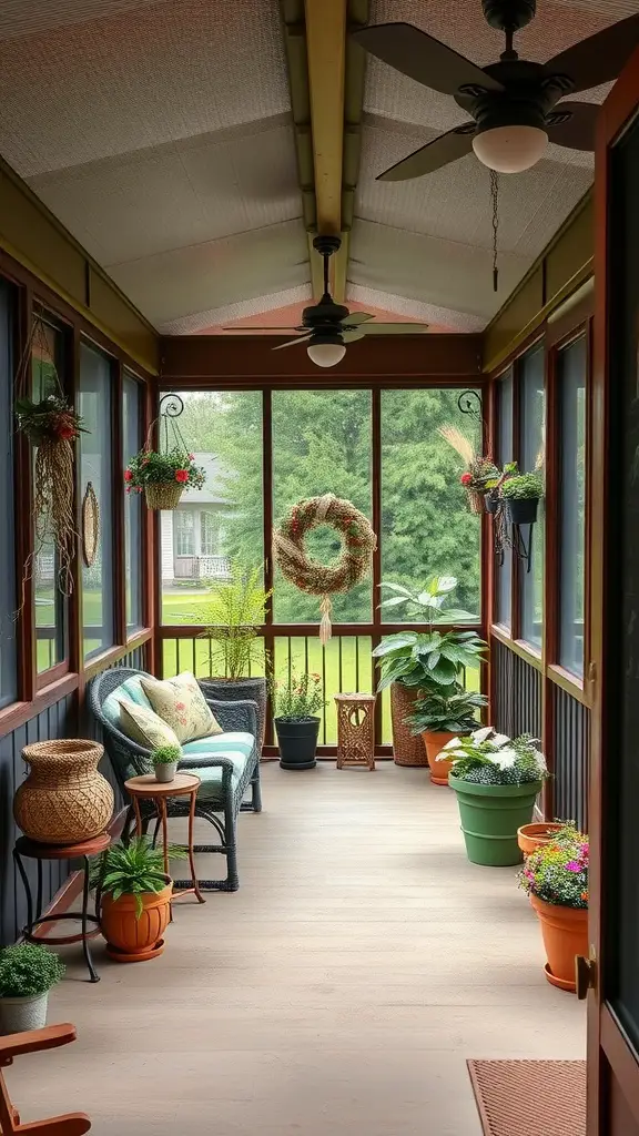 A cozy screened-in porch featuring plants, a wreath, and comfortable seating.