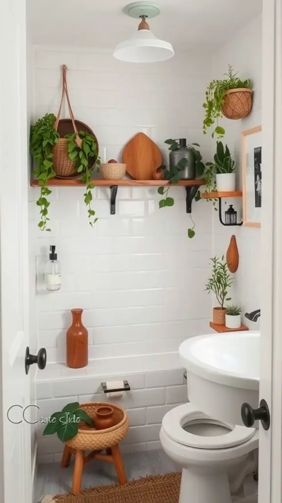 A small bathroom with white tiles, wooden shelves, and various plants adorning the walls.