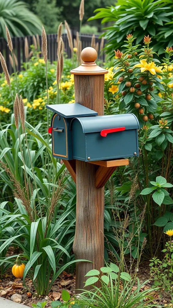 A nature-inspired double mailbox post with a wooden post and blue mailbox surrounded by greenery and flowers.