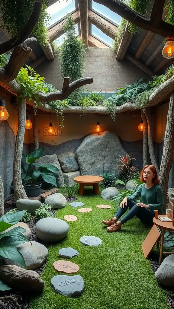 21 Creative Indoor Fort Ideas for Kids 14 A cozy indoor retreat with plants, stones, and wooden beams.