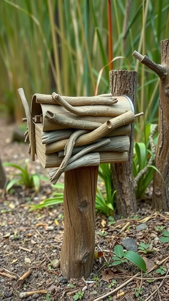 Nature-inspired mailbox post made of sticks and wood in a green garden