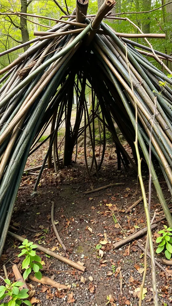 13 Creative Fort Ideas for Endless Indoor Fun 10 An outdoor fort made of branches and sticks in a forested area