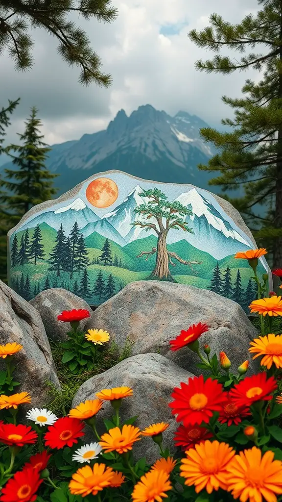 23 Creative Garden Rock Art Ideas to Brighten Your Outdoor Space 10 Painted rock featuring mountains, trees, and a sun, surrounded by colorful flowers.