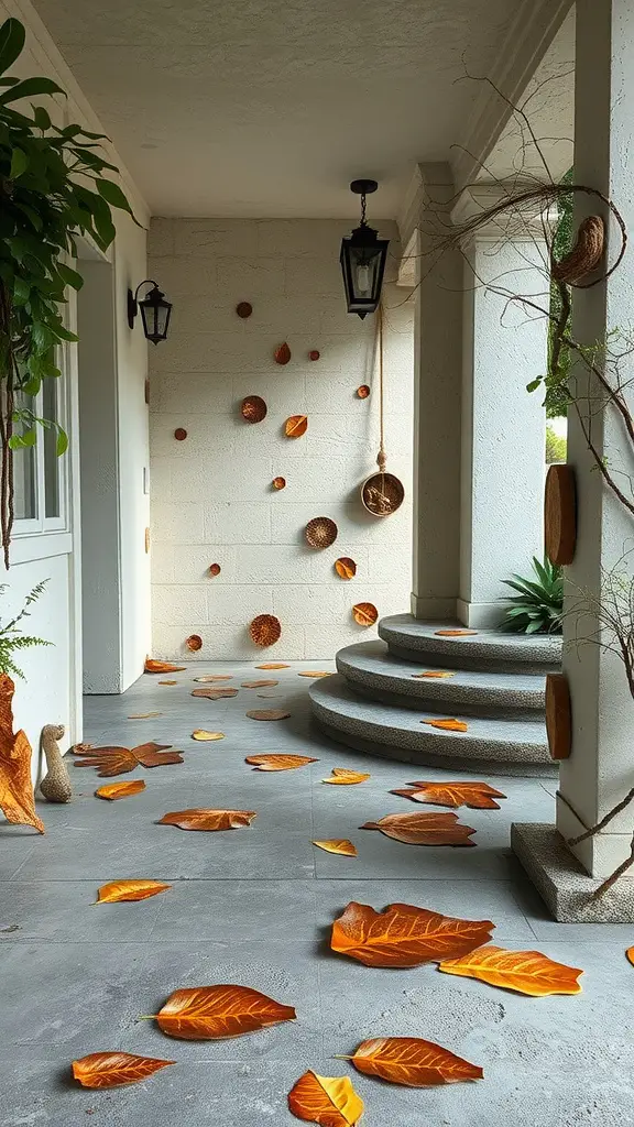 A concrete porch decorated with orange leaves and natural textures.