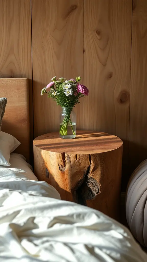 21 Stunning Bedside Table Ideas for Every Style 5 Wooden bedside table with a glass vase of flowers on top, showcasing a natural design.