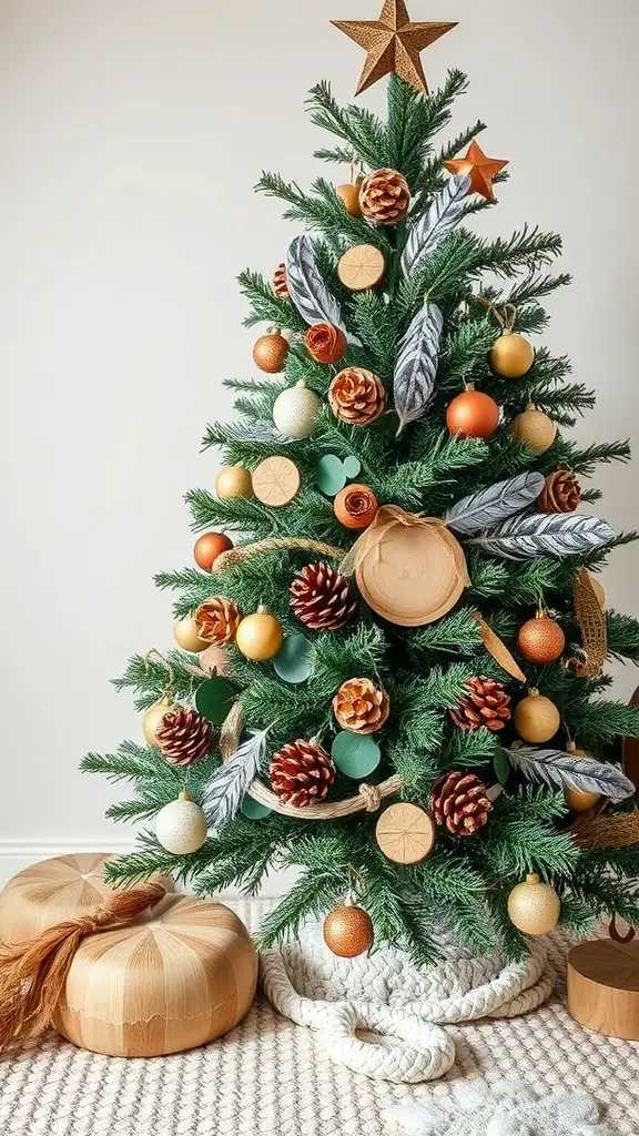 17 Creative Dollar Tree Christmas Tree Ideas on a Budget 10 A beautifully decorated Christmas tree with pinecones, gold and orange ornaments, and wooden decorations, set in a cozy room.