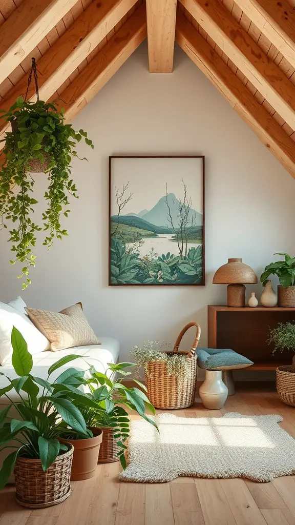 A cozy attic room featuring a nature-themed painting, potted plants, and warm wooden accents.