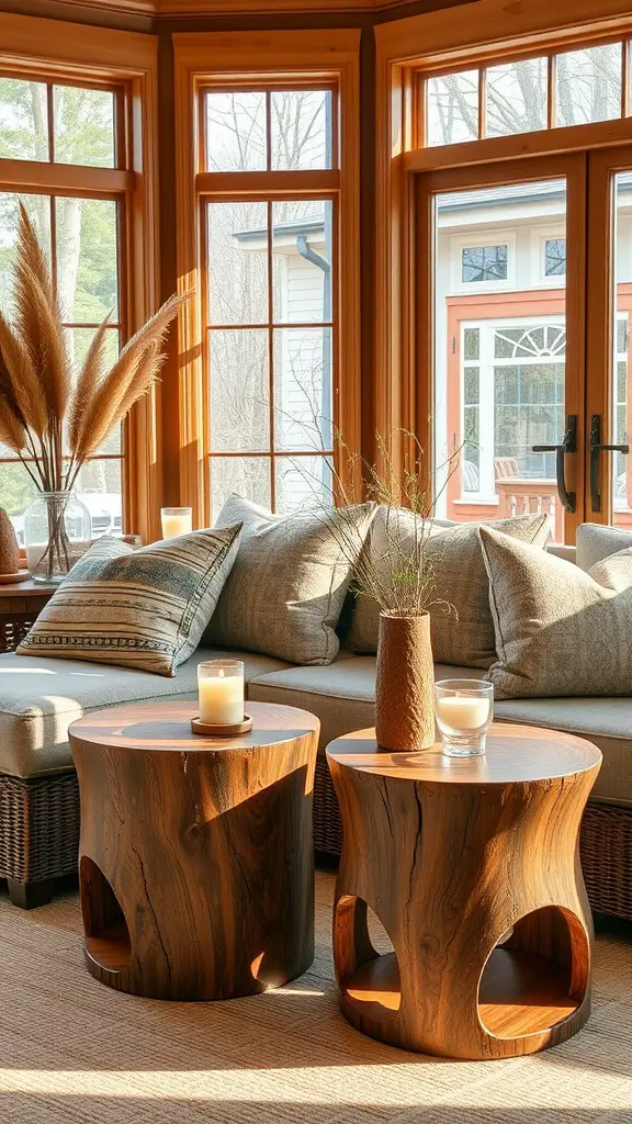 Two natural wood side tables in a sunroom with large windows and cozy seating.