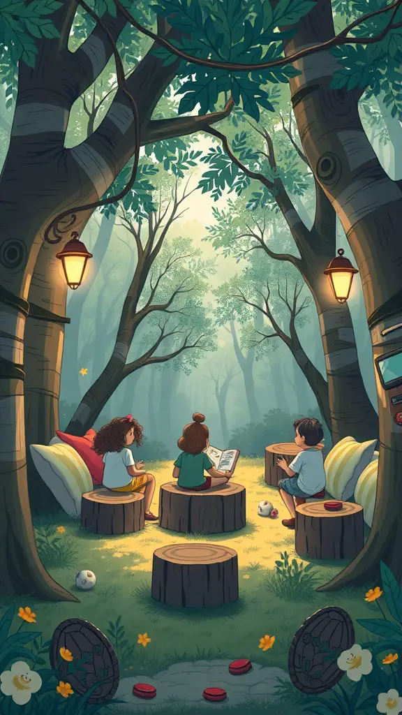 13 Creative Yard Ideas for Kids to Explore and Enjoy 4 A cozy storytelling corner in nature with children sitting on wooden stumps among trees.