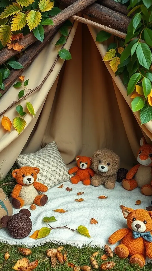 23 Creative Blanket Fort Ideas for Ultimate Cozy Fun 17 A cozy nature fort made of branches and leaves, with plush toys arranged inside.