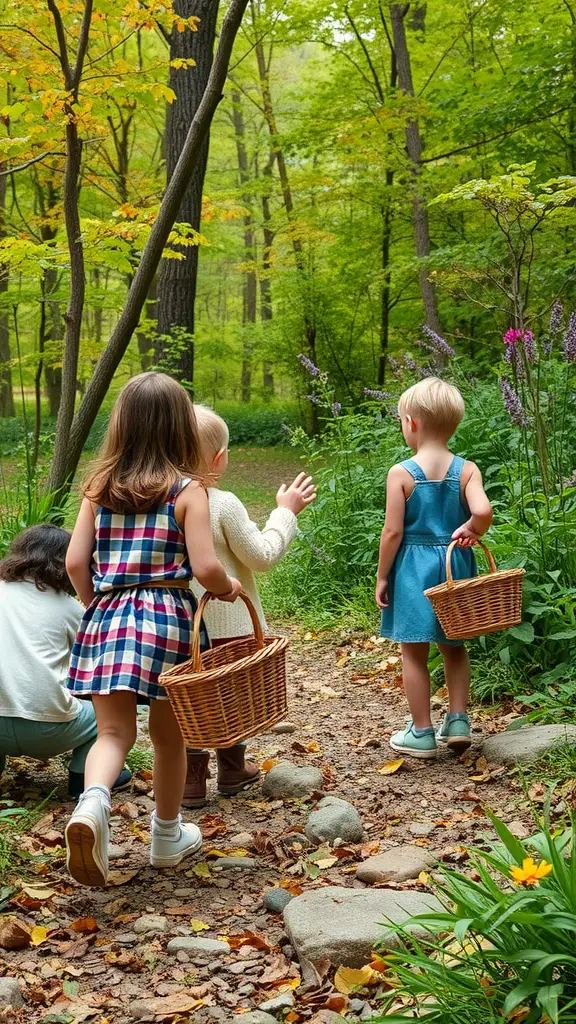 19 Fun Outdoor Birthday Party Ideas for Kids 10 Children walking in a forest, carrying baskets for a nature scavenger hunt.
