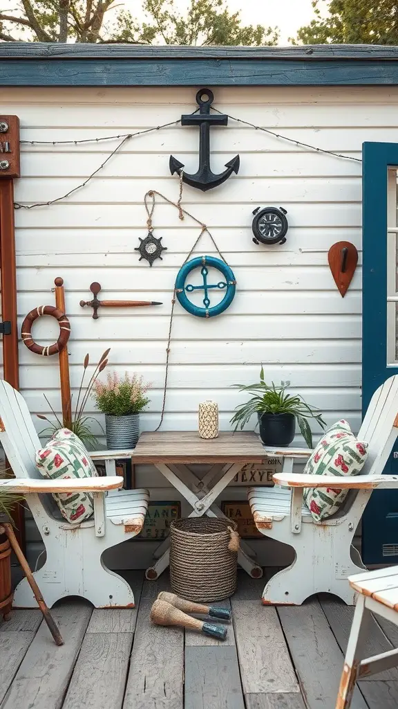 21 Creative Garden Ideas Using Used Boats 4 Nautical-themed outdoor seating area with two white chairs, a wooden table, and various maritime decorations on the wall.