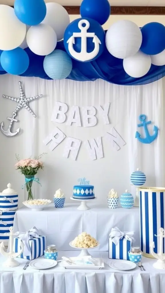 A nautical-themed baby shower setup with blue and white decorations, balloons, and a dessert table.