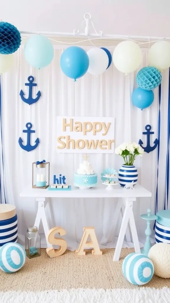 25 Creative Baby Shower Themes for September Celebrations 2 Decorations for a nautical-themed baby shower featuring blue and white colors, anchors, and a cake.