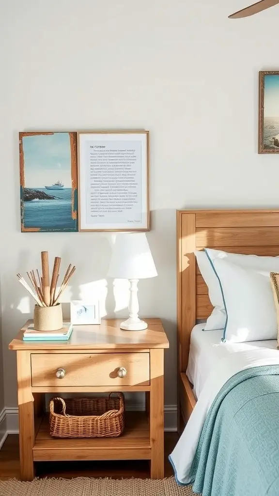 21 Stunning Bedside Table Ideas for Every Style 12 Nautical themed bedside table with wood finish, decorative elements, and coastal artwork.