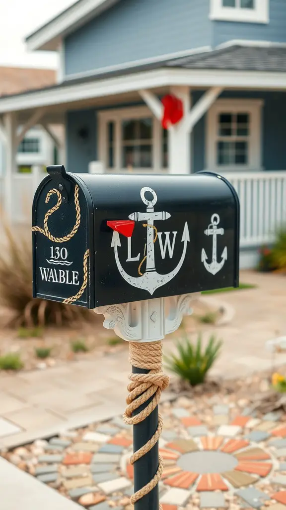 A black nautical-themed mailbox with anchors and a rope design, placed beside a stone pathway.