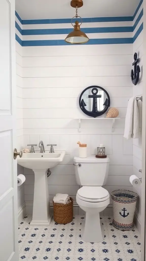 A small bathroom with nautical theme featuring blue and white stripes, anchors, and coastal decor.