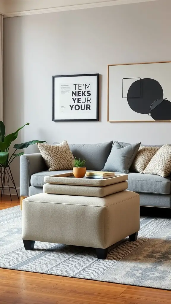 A cozy living room with a large nesting ottoman and two smaller ottomans stacked on top, surrounded by a sofa and decorative pillows.