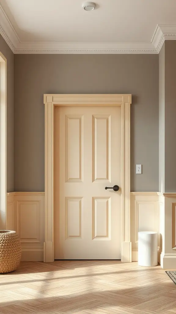 A neutral beige door in an elegantly styled interior.