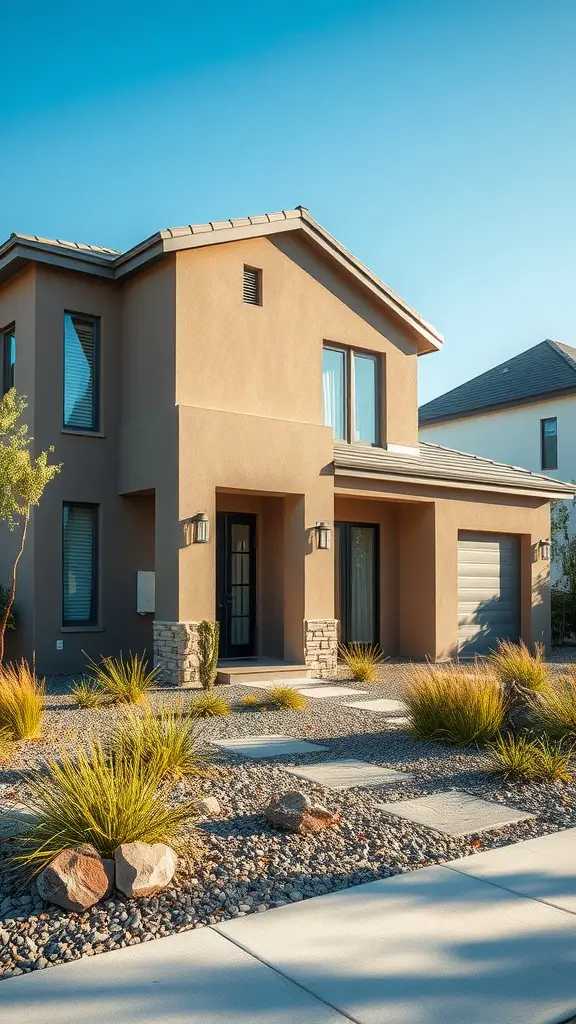 19 Beautiful Exterior House Colors to Transform Your Home 16 A modern house painted in taupe color with stone accents and landscaped yard.