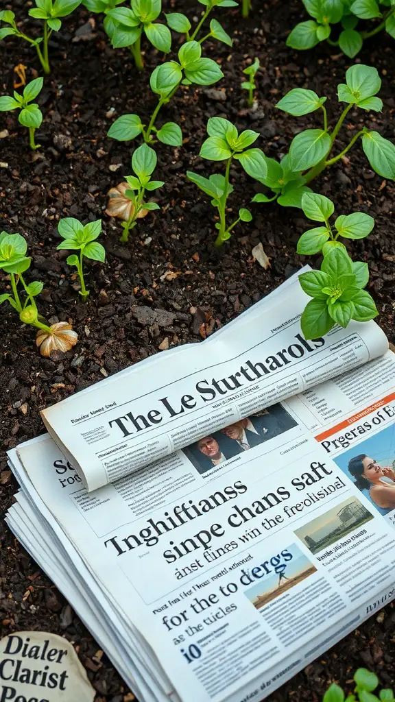 15 Creative Weed Barrier Ideas for Your Garden 2 Newspaper layered over soil in a garden with small plants growing