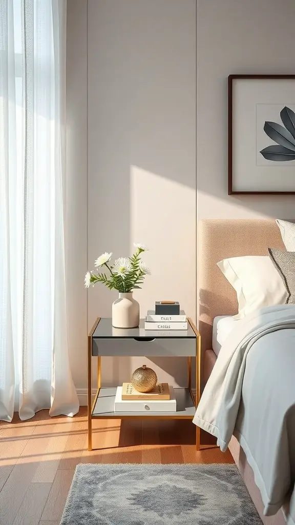 19 Creative Nightstand Ideas to Elevate Your Bedroom Decor 11 Stylish nightstand with a glass top, featuring a vase of flowers, stacked books, and a decorative orb.